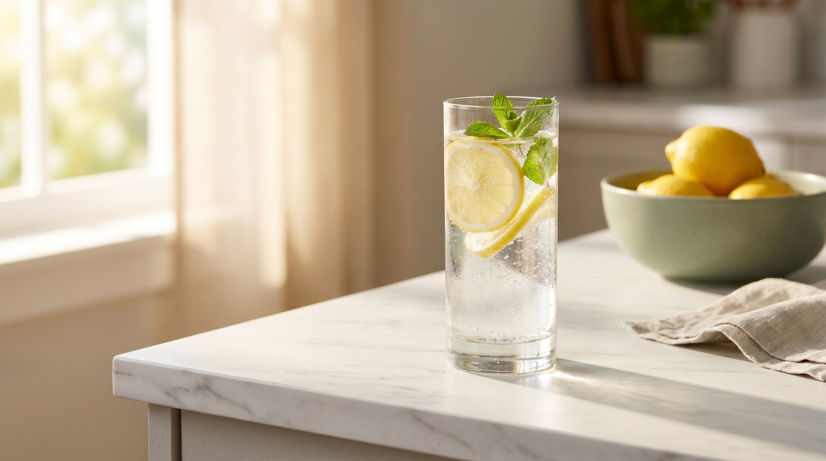 Bicchiere di acqua frizzante con limone e menta su marmo, luce estiva