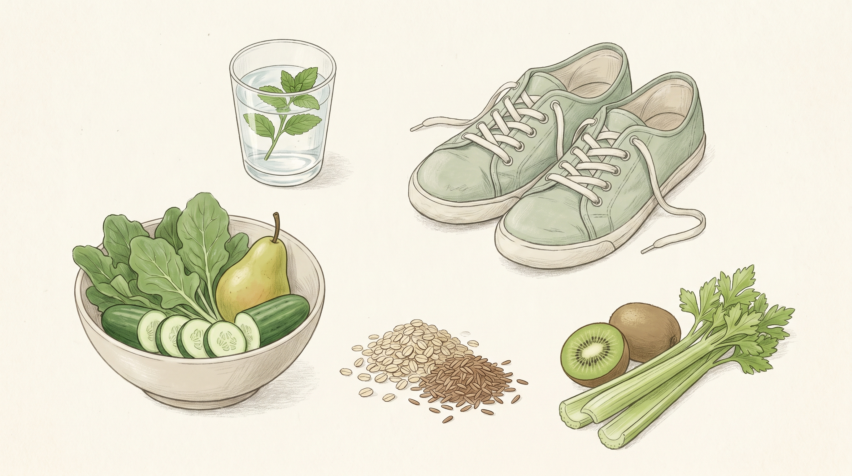 Illustrazione di una routine quotidiana per la regolarità: acqua, movimento, alimenti ricchi di fibra